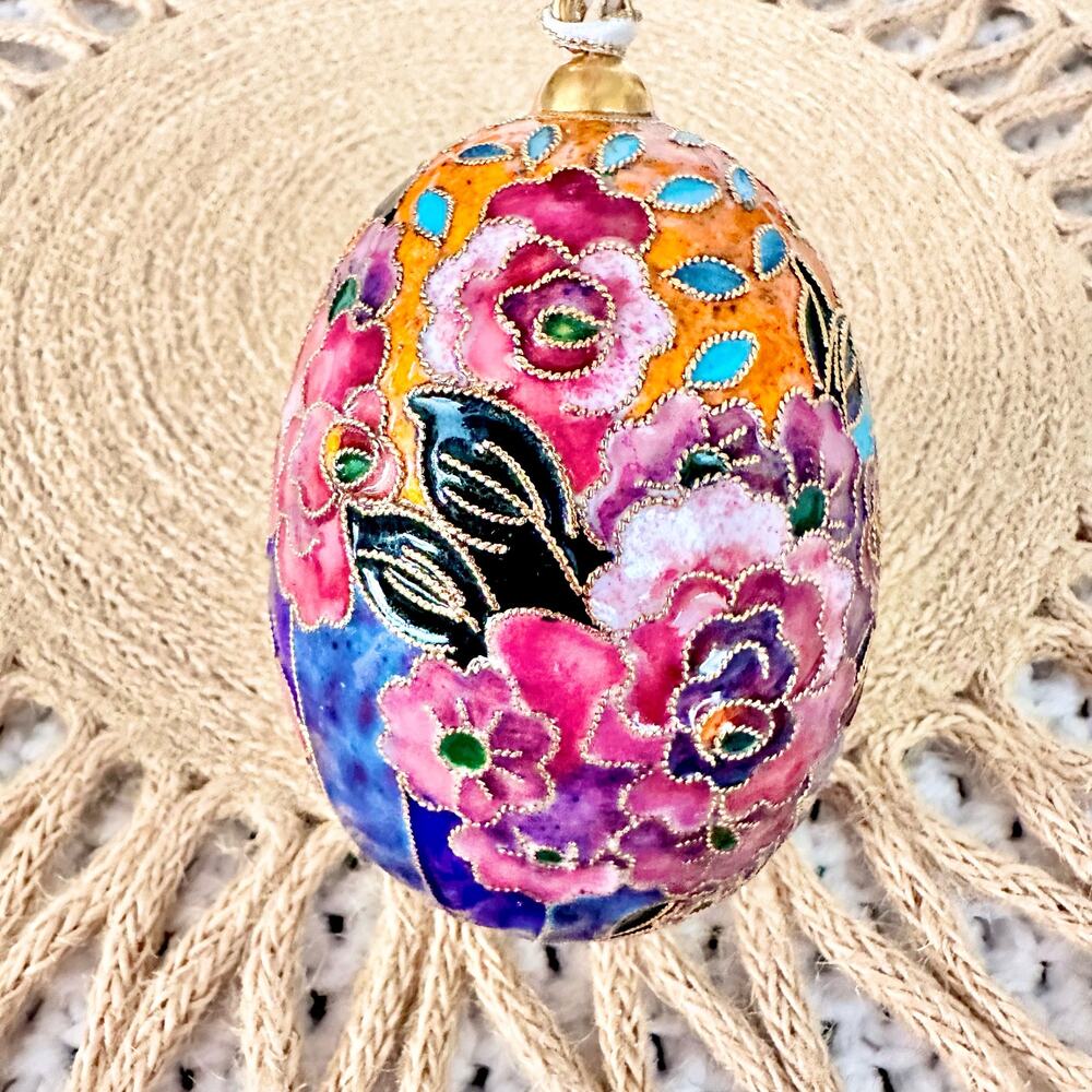 Vintage Orange Blue Pink Floral Cloisonne Egg Ornament Ornate Heavy Artsy - Picture 3 of 6